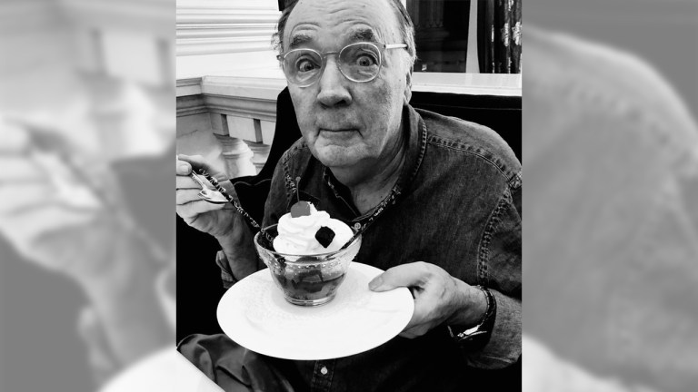 Photo of James Patterson eating an ice cream sundae